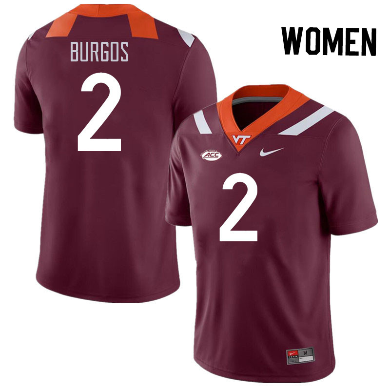 Women #2 Keyshawn Burgos Virginia Tech Hokies College Football Jerseys Stitched Sale-Maroon